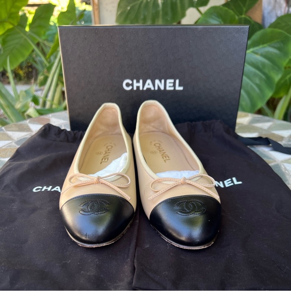 Chanel cap toe cc logo ballet flats classic beige & black - Picture 3 of 11